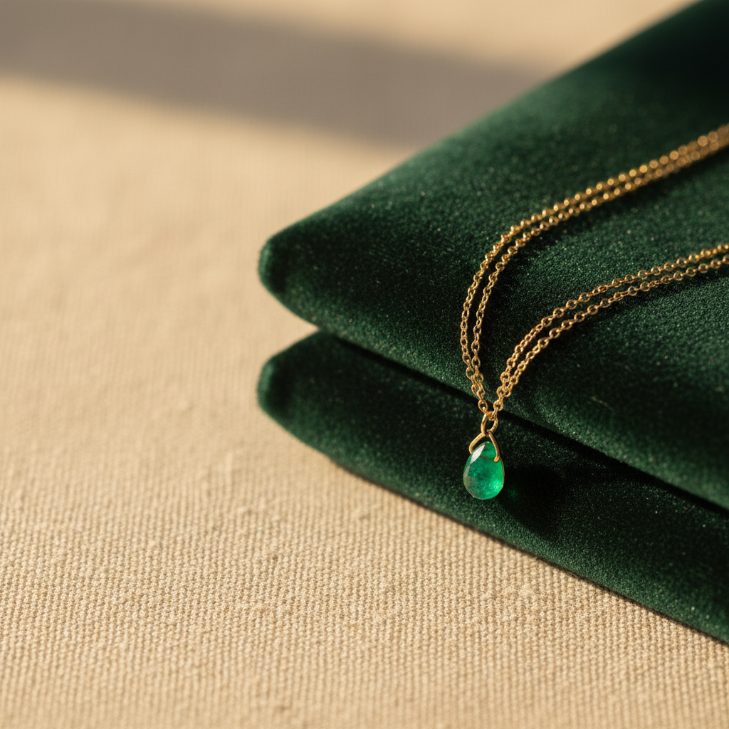 Layered gold necklace on charcoal velvet