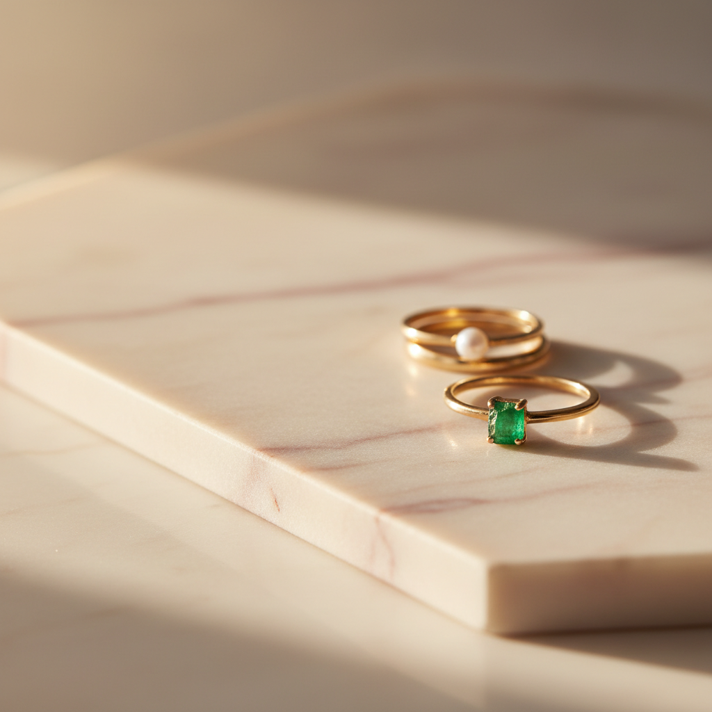 Stack of solid gold rings on marble