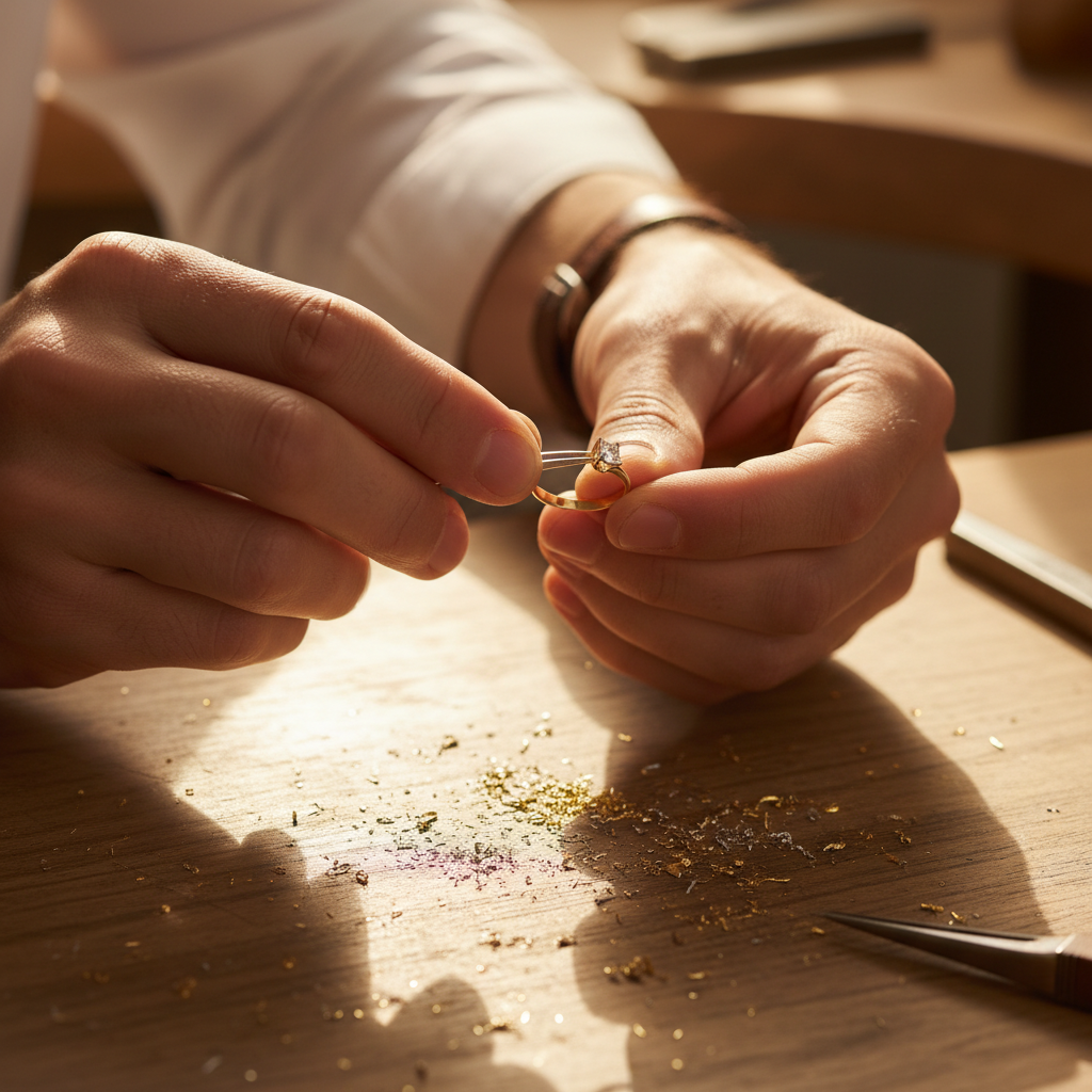 Jeweller's hands at the bench finishing a ring
