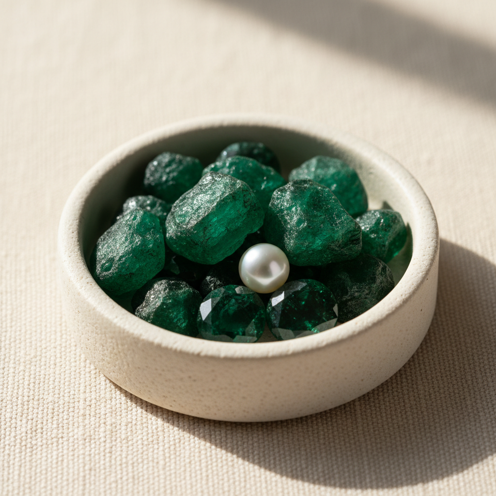 Loose emerald rough on linen